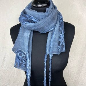 Cotton Wool & Nylon Lace Gauze Blue Boho Scarf RN 66170
